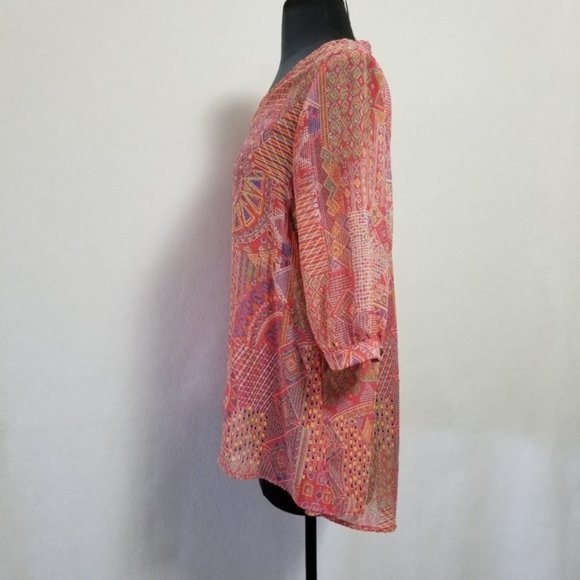 Boho Yahada Tunic Top M Sheer Geometric Print Layered Open Back Blouse - Picture 2 of 4